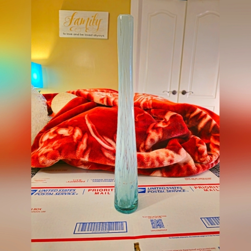 Handblown 16" Tall Aqua & White Bud Vase - Cased Glass